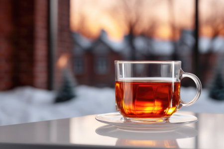 Hot tea on a frosty window - winter comfort.の素材