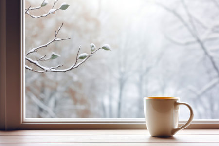 Mug of hot coffee by the winter window, a peaceful January vibe.の素材