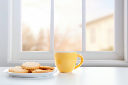 Yellow cup of tea with biscuits by the window, minimalist style.の素材