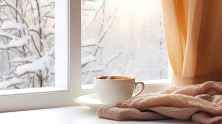 Cup of steaming coffee with blanket on windowsill on winter snowy scene background.の素材