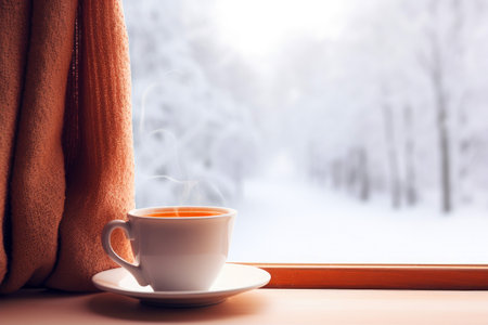 Hot tea, cold day - winter relaxation, text for space.の素材