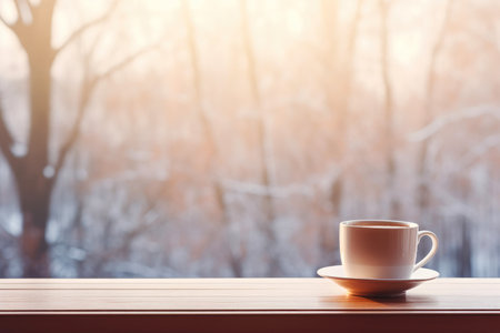 Coffee and a winter scene outside the window, festive season.の素材