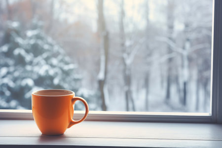 Coffee on the window sill, a tranquil winter morning.の素材