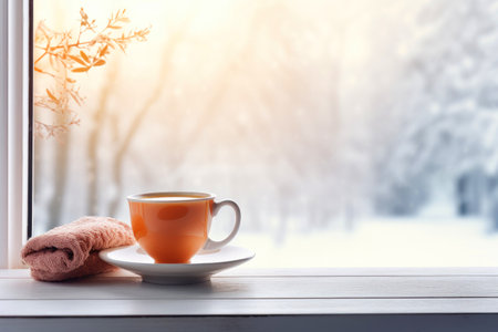 Winter tea time - enjoying the snowy landscape, text space.の素材