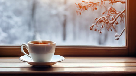 Tea by the frosty window - tranquil winter day.の素材