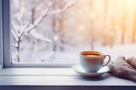 Snowy window sill tea - relaxation and calm, copy space.の素材