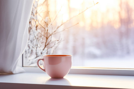 Cup of coffee on the frosty window.の素材