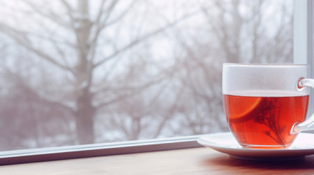 A cup of hot tea on the window against the background of a winter snowy landscape, the concept of the festive winter season.の素材