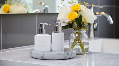 A modern bathroom interior design showing a vanity table and crucial hygiene accessories.の素材