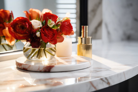 Fresh bouquet of flowers and perfume bottle on marble dressing table with mirror in bathroom.の素材