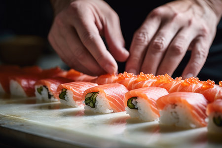Crafting tradition: a skilled chef's hands meticulously prepare sushi rolls, a symbol of Japanese cuisine.の素材