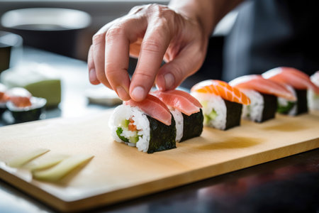 Culinary excellence: a chef's artistic hands prepare salmon sushi.の素材