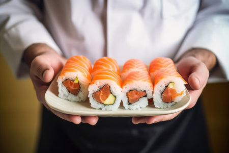 Seafood delight: chef's hands presenting sushi rolls.の素材