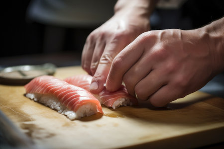 A Japanese chef's skilled hands prepare traditional sushi, embodying East Asian culinary finesse.の素材