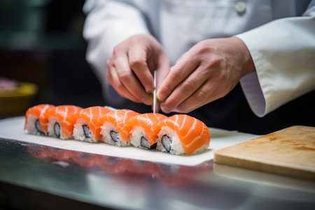A Japanese chef prepares salmon sushi rolls.の素材
