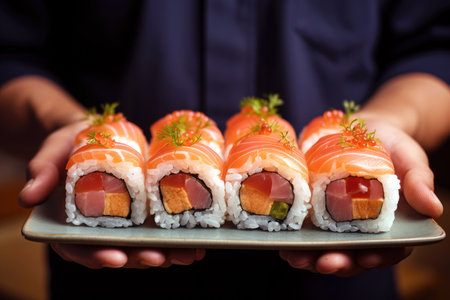 Asian culinary expertise: chef holds a plate of sushi.の素材