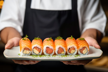 Exquisite Japanese cuisine: a chef's skilled hands showcase sushi rolls.の素材