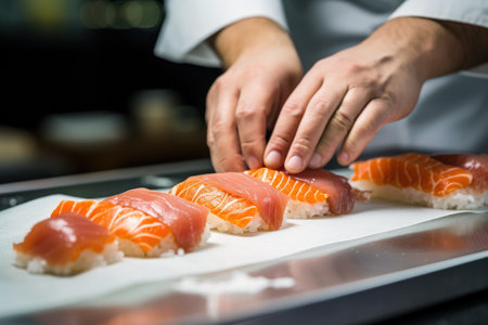 Crafting Japanese sushi: chef's hands at work with salmon.の素材