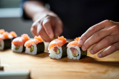A Japanese chef crafting salmon rolls.の素材