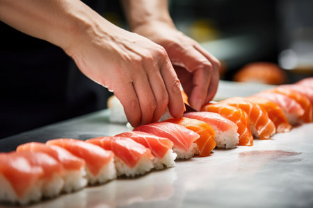 Asian delicacies unveiled: a chef's hands prepare salmon sushi.の素材