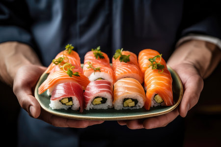 Sushi perfection: chef's plate of Japanese delights.の素材