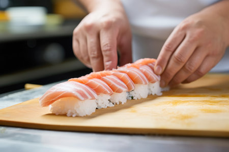 Chef's hands prepare fresh salmon sushi.の素材