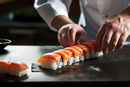 Delicacies in the making: a chef's hands expertly prepare traditional Japanese sushi rolls.の素材