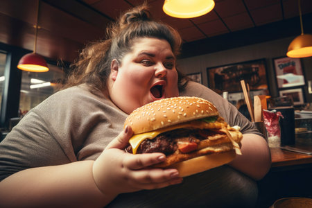 Dietary struggles: overweight female enjoying a high-calorie hamburger in a cafe setting.の素材