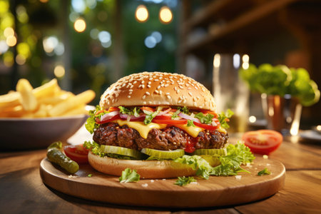 Close-up burger and French fries on table in fast food cafe.の素材