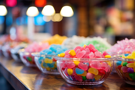 Assorted sweets create a colorful display at the candy store counter.の素材