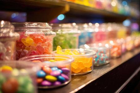Assorted dragee and jelly candies create a colorful display at the candy store counter.の素材
