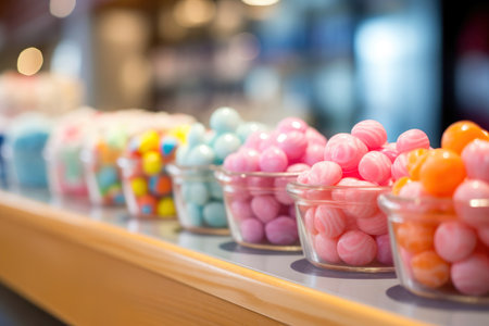 Vibrant candy store display: a multicolored assortment of sweets at the confectionery counter.の素材
