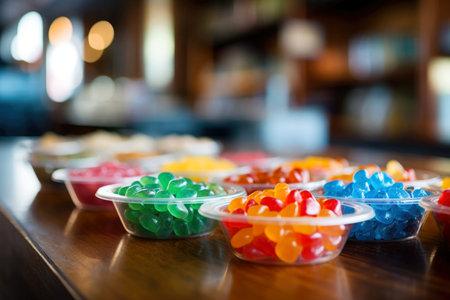 A multicolored showcase of tempting sweets at the candy shop counter.の素材