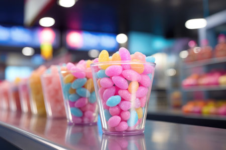 A vibrant array of delicious sweets at the candy store counter.の素材