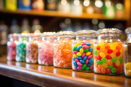Colorful jelly candies and dragees in glass jars are sold in a candy store.の素材