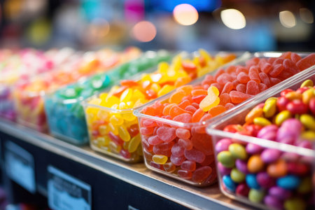 Candy store counter brimming with colorful dragee and jelly candies.の素材