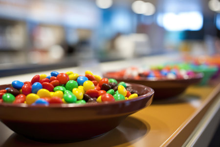 A colorful showcase of tempting sweets at the store counter.の素材