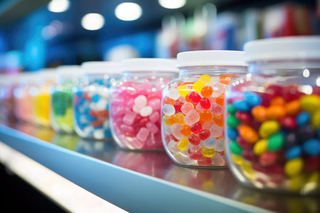 Candy store display with an assortment of vibrant dragee and jelly candies.の素材