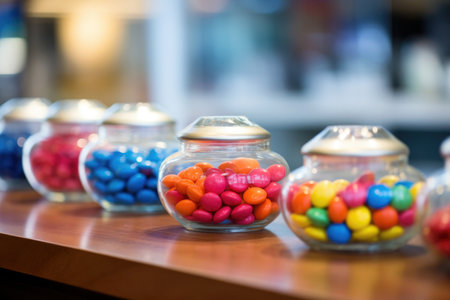 A multicolored display of delicious confections at the candy store counter.の素材