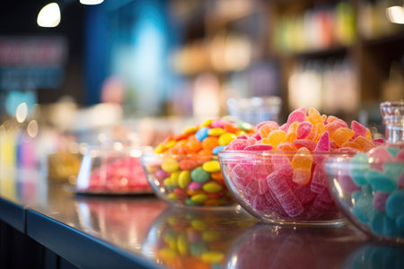 A vibrant assortment of tempting sweets at the multicolored store counter.の素材