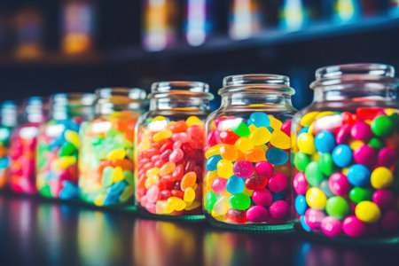 Candy store showcase featuring an assortment of colorful dragee and jelly candies.の素材