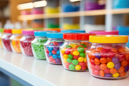 A vibrant showcase of tempting sweets at the candy store counter.の素材