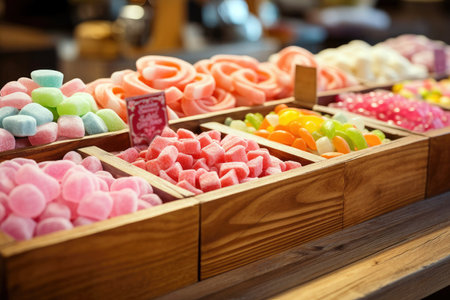 A multicolored display of tempting confections at the vibrant store counter.の素材