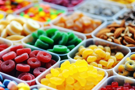 A colorful showcase of delicious sweets at the vibrant candy store counter.の素材
