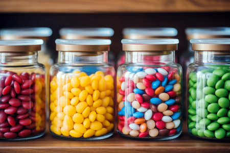 Colorful dragees in glass jars on the shelf of a confectionery store.の素材
