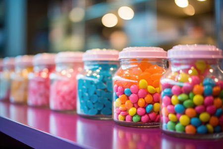 A multicolored array of tempting sweets at the vibrant store counter.の素材
