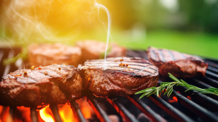 Outdoor culinary delight: grilled meat on a flaming BBQ grill.の素材
