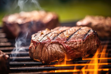 Tasty sirloin steak with spices in the countryside.の素材