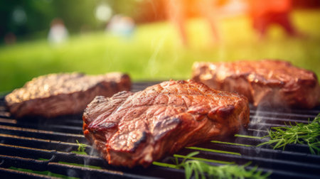 Tasty roasted steak on a flaming grill in the backyard.の素材