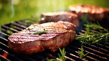 Flavorful BBQ delicacy: roasted steak infused with rosemary cooking on a flaming grill in nature.の素材